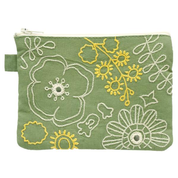 ミラー刺繍 ティッシュポーチ ミモザと花柄(グリーン)（メール便対応）