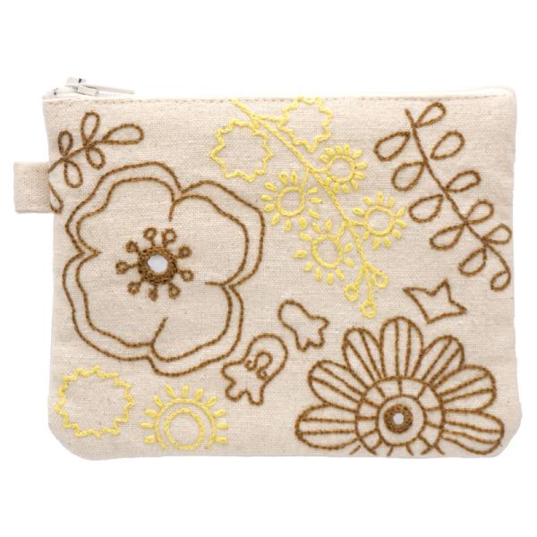 ミラー刺繍 ティッシュポーチ ミモザと花柄(ナチュラル)（メール便対応）