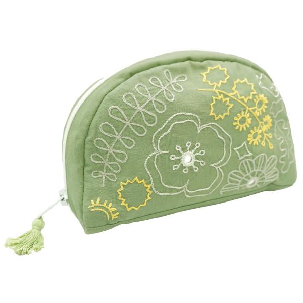ミラー刺繍 ラウンドポーチ  ミモザと花柄(グリーン)（メール便対応）