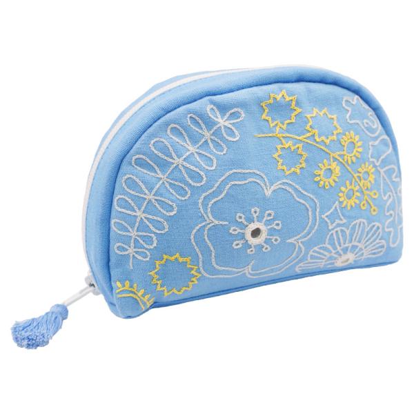ミラー刺繍 ラウンドポーチ  ミモザと花柄(ライトブルー)（メール便対応）