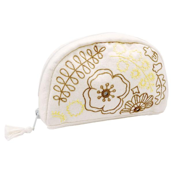 ミラー刺繍 ラウンドポーチ  ミモザと花柄(ナチュラル)（メール便対応）