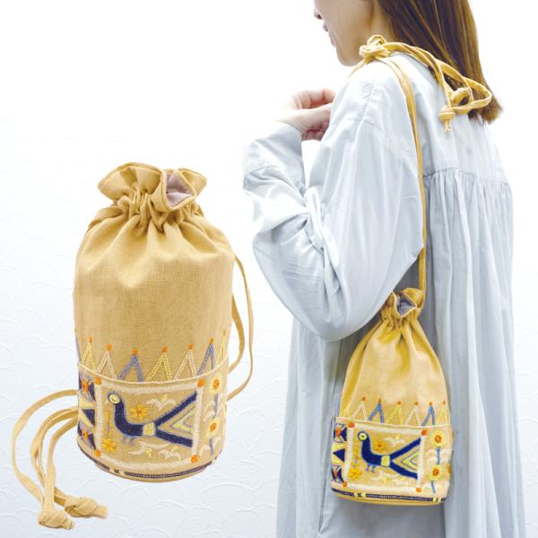 ミラー刺繍 丸底巾着ショルダーバッグ（ベージュ）（メール便対応）