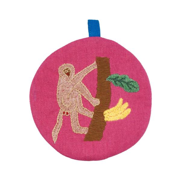 ミラー刺繍 ミニまるポーチ 猿（ピンク）（メール便対応）