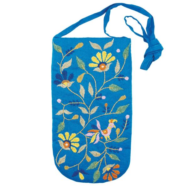 ミラー刺繍 メガネケース 鳥（ブルー）（メール便対応）