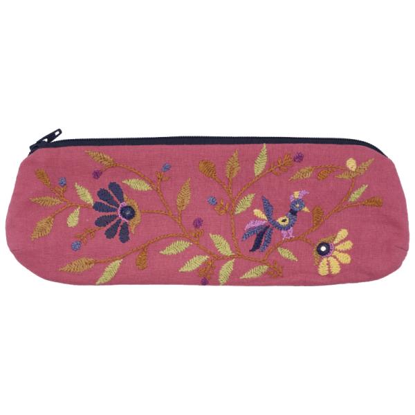ミラー刺繍 ペンケース 鳥（ローズピンク）（メール便対応）