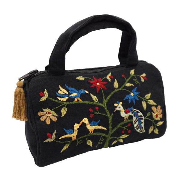 ミラー刺繍 ちびバッグ 木と鳥（ブラック）（メール便対応）