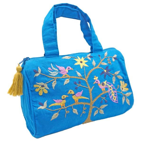 ミラー刺繍 ちびバッグ 木と鳥（ブルー）（メール便対応）