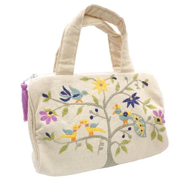 ミラー刺繍 ちびバッグ 木と鳥（ナチュラル）（メール便対応）