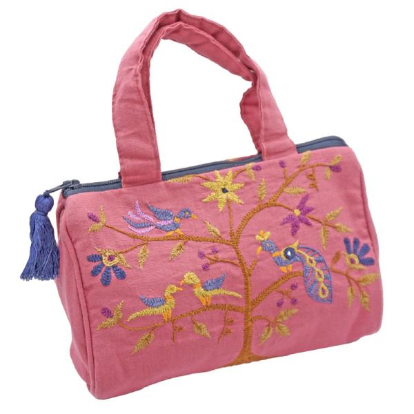 ミラー刺繍 ちびバッグ 木と鳥（ローズピンク）（メール便対応）