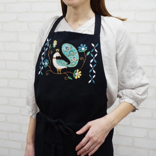 ミラー刺繍 エプロン ピーコック（ブラック）