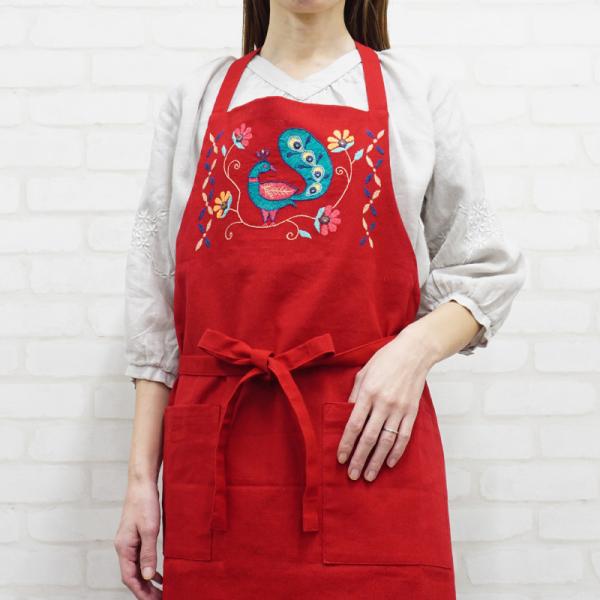 ミラー刺繍 エプロン ピーコック（レッド）