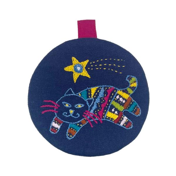 ミラー刺繍 ミニまるポーチ 猫（ネイビー）（メール便対応）