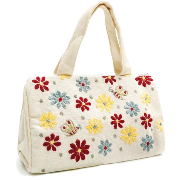 (在庫限り)ちび刺繍バッグ 花柄（白）(メール便対応) /フェアトレード 手刺繍