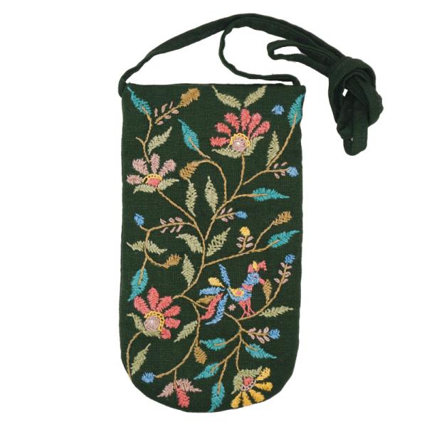 ミラー刺繍 メガネケース（鳥・緑）(メール便対応)