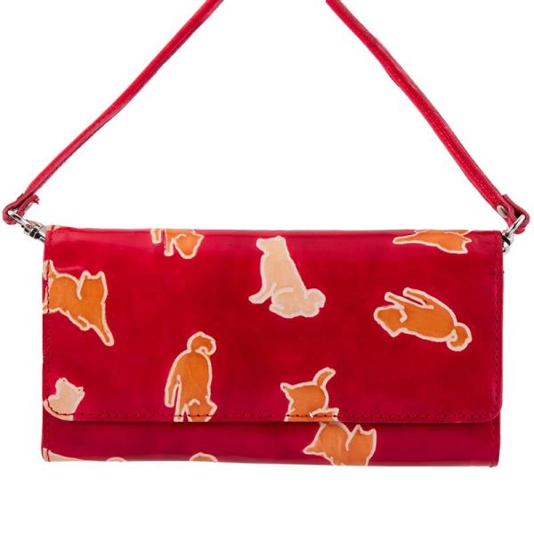 山羊革 ウォレットバッグ 犬おさんぽ柄（赤）フェアトレード