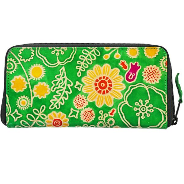 山羊革 長財布 ミモザと花柄（グリーン）(メール便対応)