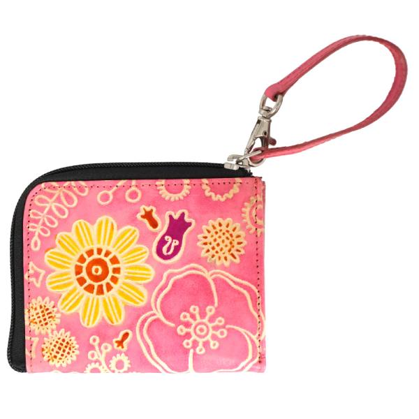 山羊革 L字ファスナー財布 ミモザと花柄（ピンク）（メール便対応）