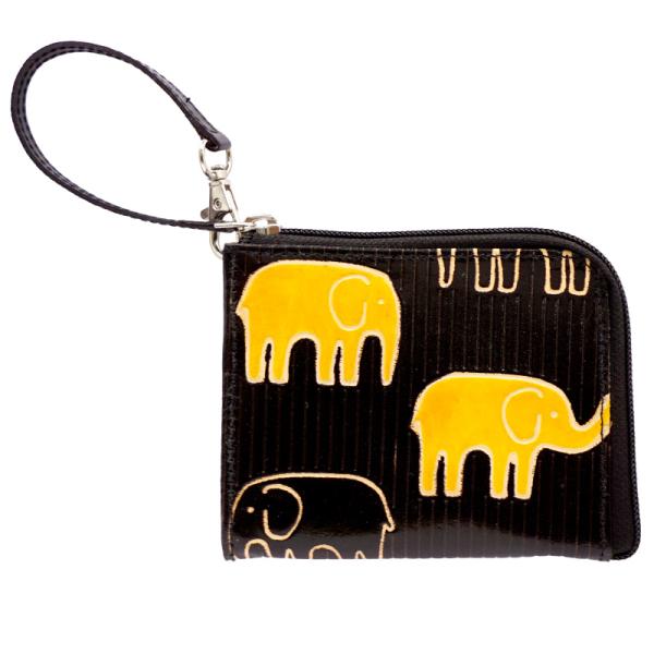 山羊革 L字ファスナー財布 ゾウしましま柄（黒）（メール便対応）