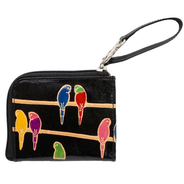 山羊革　L字ファスナー財布　鳥柄（黒）(メール便対応)