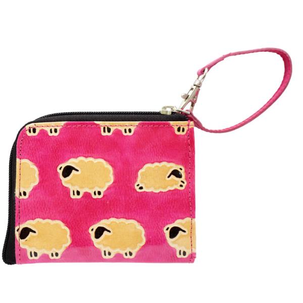 山羊革　L字ファスナー財布　ひつじ柄（ピンク）(メール便対応)