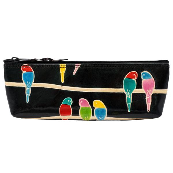 山羊革 ペンケース 鳥柄（黒）(メール便対応)