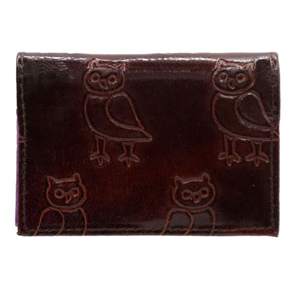(リニューアル)山羊革 カードケース フクロウ柄（こげ茶）(メール便対応)
