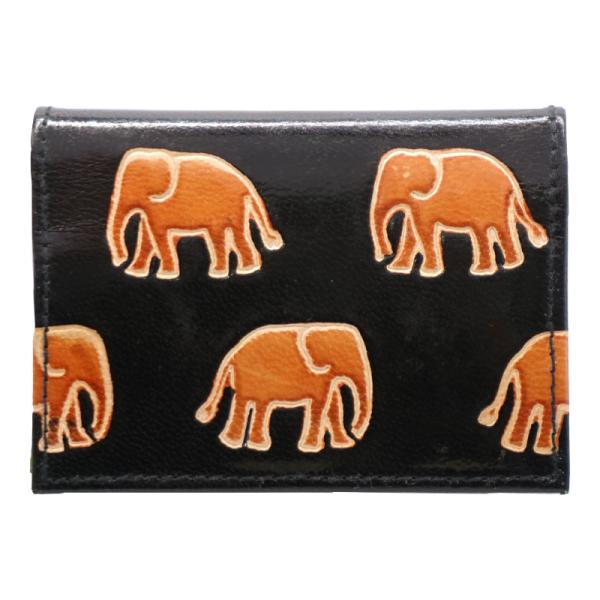 (リニューアル)山羊革 カードケース ゾウ柄（黒）(メール便対応)