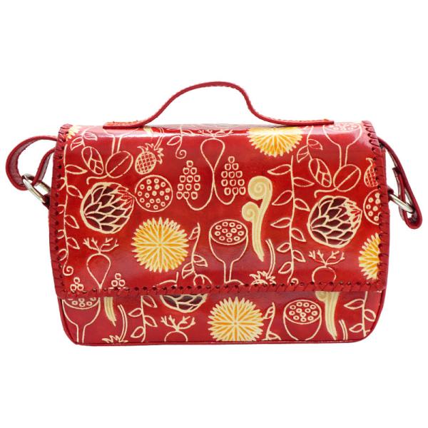 山羊革 フラップショルダーバッグ ボタニカル柄（赤）