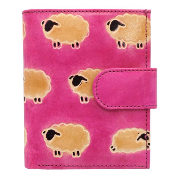 (リニューアル)山羊革 二つ折り財布ワイドベルト ひつじ柄（ピンク）（メール便対応）