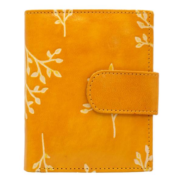 (リニューアル)山羊革 二つ折り財布ワイドベルト 木と鳥柄（マスタード）（メール便対応）