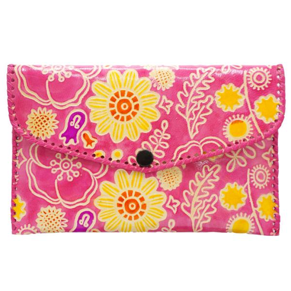 山羊革 財布パース ミモザと花柄（ピンク）(メール便対応)