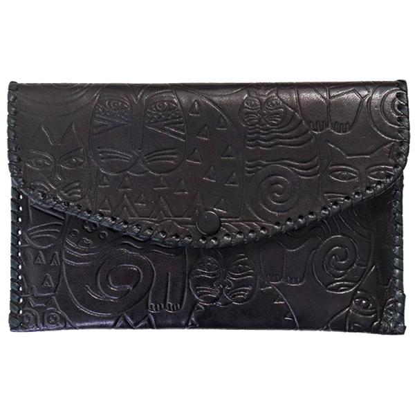 山羊革 財布パース ぐるぐるネコ柄（黒）（メール便対応）