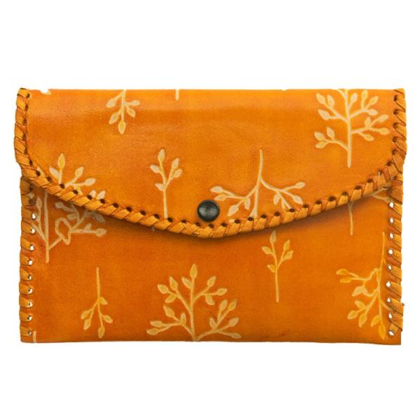 山羊革 財布パース 木と鳥柄（マスタード）(メール便対応)