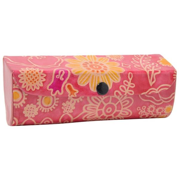 山羊革 メガネケース ミモザと花柄（ピンク）/ インド