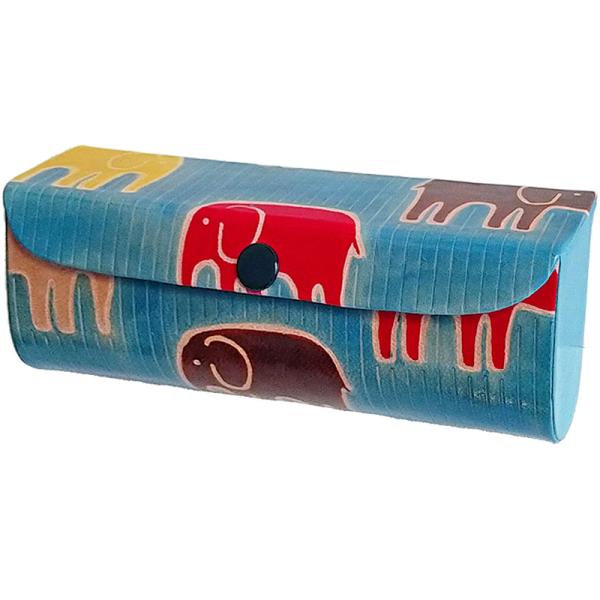 山羊革 メガネケース ゾウしましま柄（ブルー）インド
