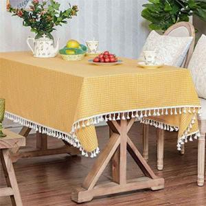 黄色と白の市松模様のタッセルテーブルクロスコットンリネン小さなホームキッチンダイニング卓上テーブルカバー100×140cm