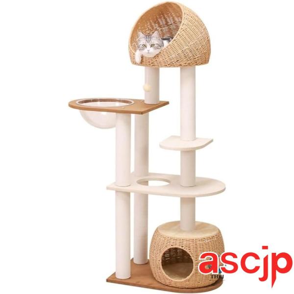 キャットタワー 据え置き 手編みカゴ 木製 大型 スリム 大型猫 据え置き おしゃれ 見晴台付き 多...