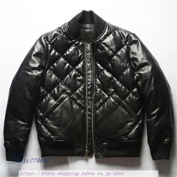 本革ダウンジャケット 菱形柄 レザーダウン 羊革ダウン 羊革 キルティング ダウン 本革ジャケット ...