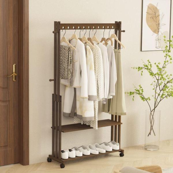 ハンガーラック キャスター付き 棚付き 木製 コート掛けスタンド 玄関 服かけるスタンド 頑丈 シン...
