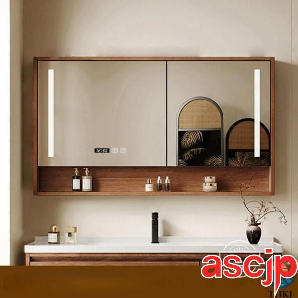 ミラーキャビネット 洗面所 木製 ミラーキャビネット 照明付き 浴室の壁のキャビネット 洗面鏡 壁掛...