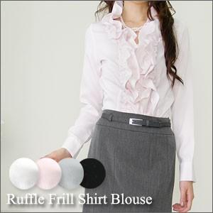 【在庫限り】ドビー生地ドット柄スタンド2重フリル長袖レディースシャツブラウス(p9077-5930-5987-5028)【G1-AS】[7号9号11号13号15号]