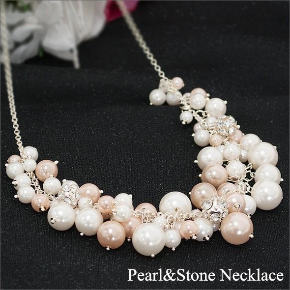 インパクトのある大小ミックスパール＆ストーンネックレス 結婚式・謝恩会・二次会・パーティーにもおすす...