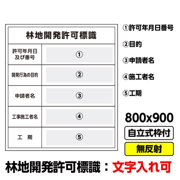 2枚以上で送料無料 工事看板「林地開発許可標識」800x900 無反射 自立式 19角 枠付 建設 ...