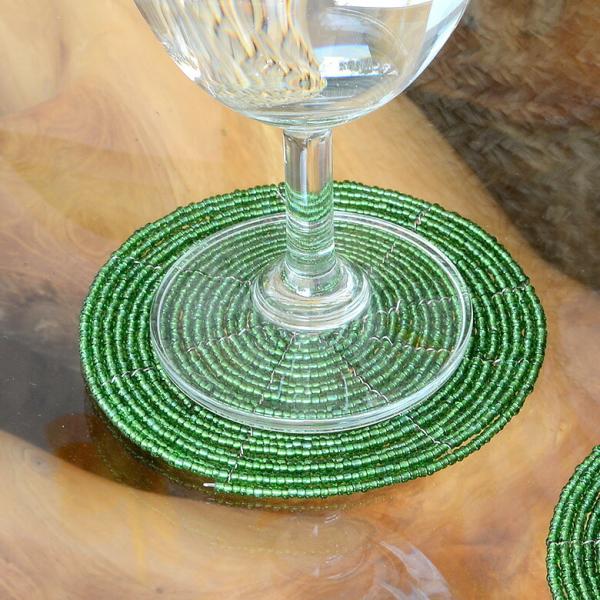 メール便対応 バリ島 キラキラビーズ アジアン コースター グリーン 10193-SLV