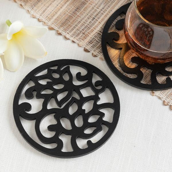 メール便対応 ロータスの花 モチーフ 木製コースター 11385