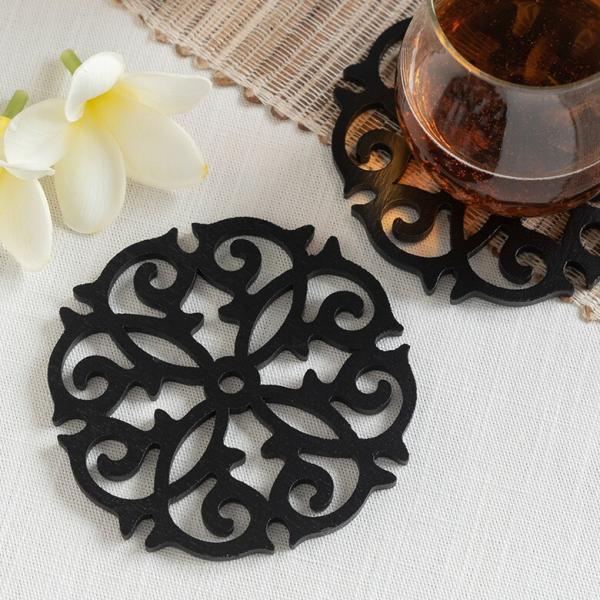 メール便対応 オリエンタルモチーフの木製コースター 11388