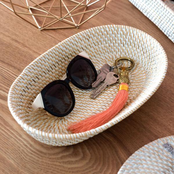 トレイ ラタン製 ホワイトウォッシュ 楕円形 約28.5×19.5cm 深さ5.5cm 13462