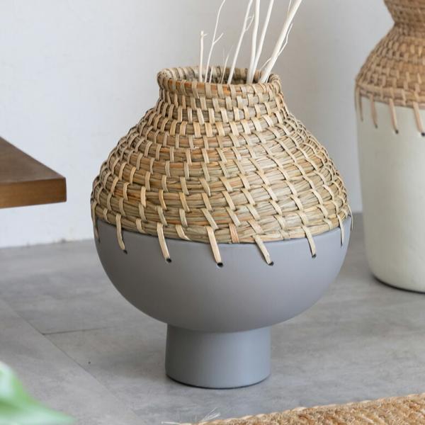 フラワーベース テラコッタ製 ※水入れ不可 シーグラス編み込みデザイン グレー×ナチュラル 高さ約2...