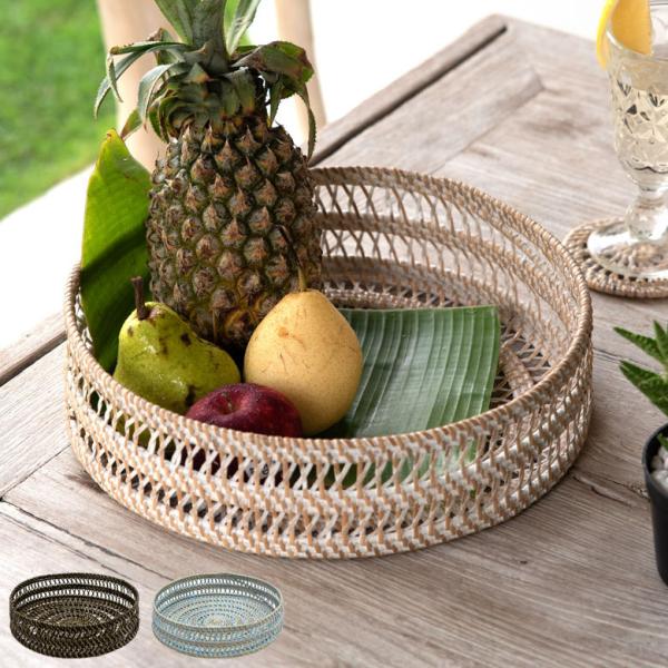 トレイ トレー ラウンドトレイ ラタン製 ボウル かご 収納 フルーツバスケット 径約30cm 深さ...