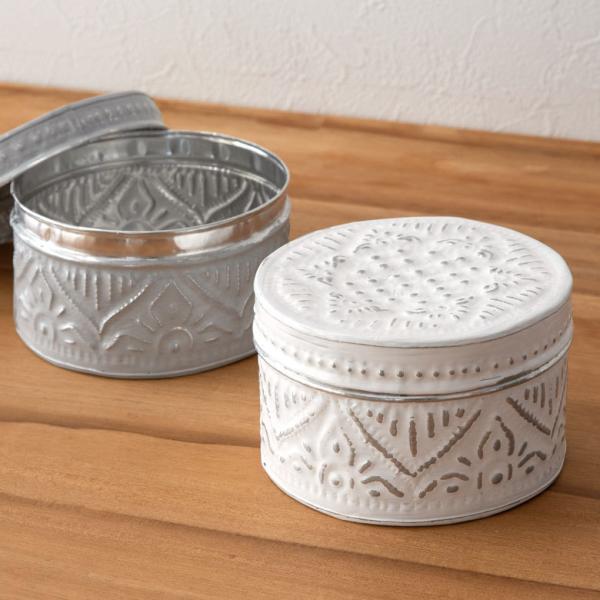 小物入れ 蓋付き ソカシ アルミ製 型 押しデコレーション柄 円型 径約12cm 高さ約7.5cm ...